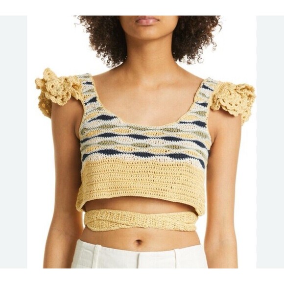 AYNI Try Crochet Off The Shoulder Crop Top In Butter Sz Lg New W/Alteration Rare - Picture 2 of 12